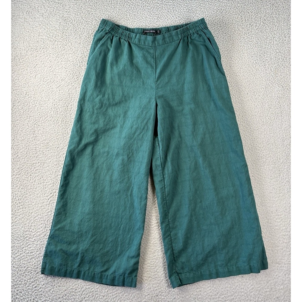 Gudrun Sjoden Pants Womens Large Green Linen Blend Wide Leg Crop Grid Lagenlook